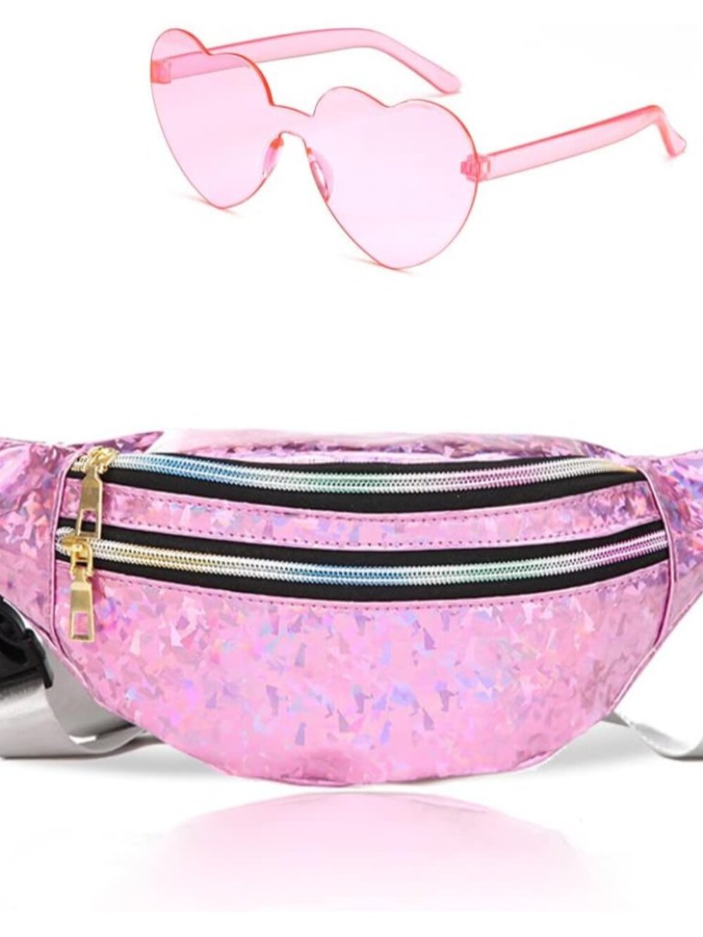 Fanny Pack Holographic with Heart Sunglasses,Waterproof Adjustable Belts Crossbo